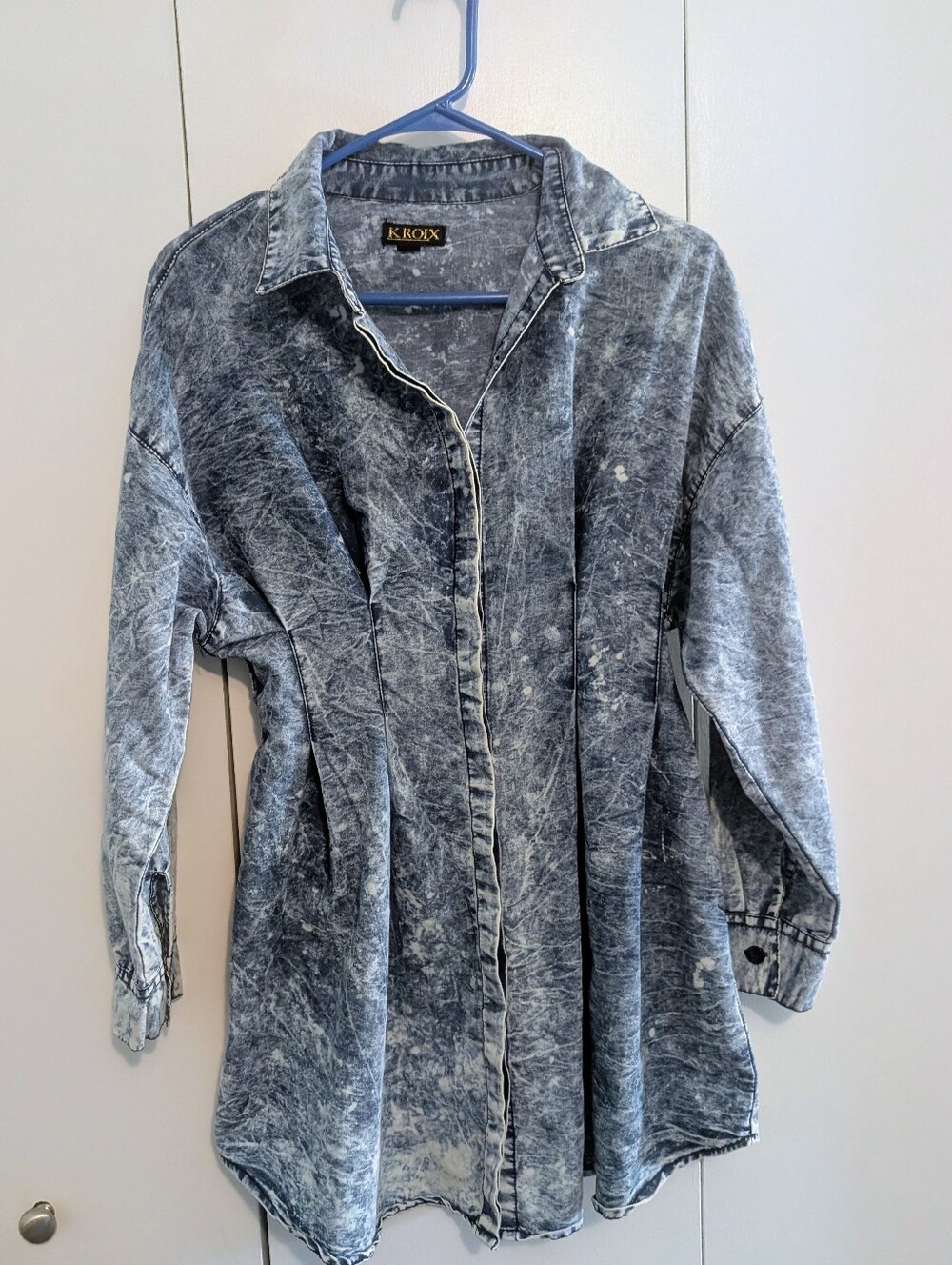K. Roix Acid Wash Denim Button-Up Shirt Dress Pleated Long Sleeve 80s